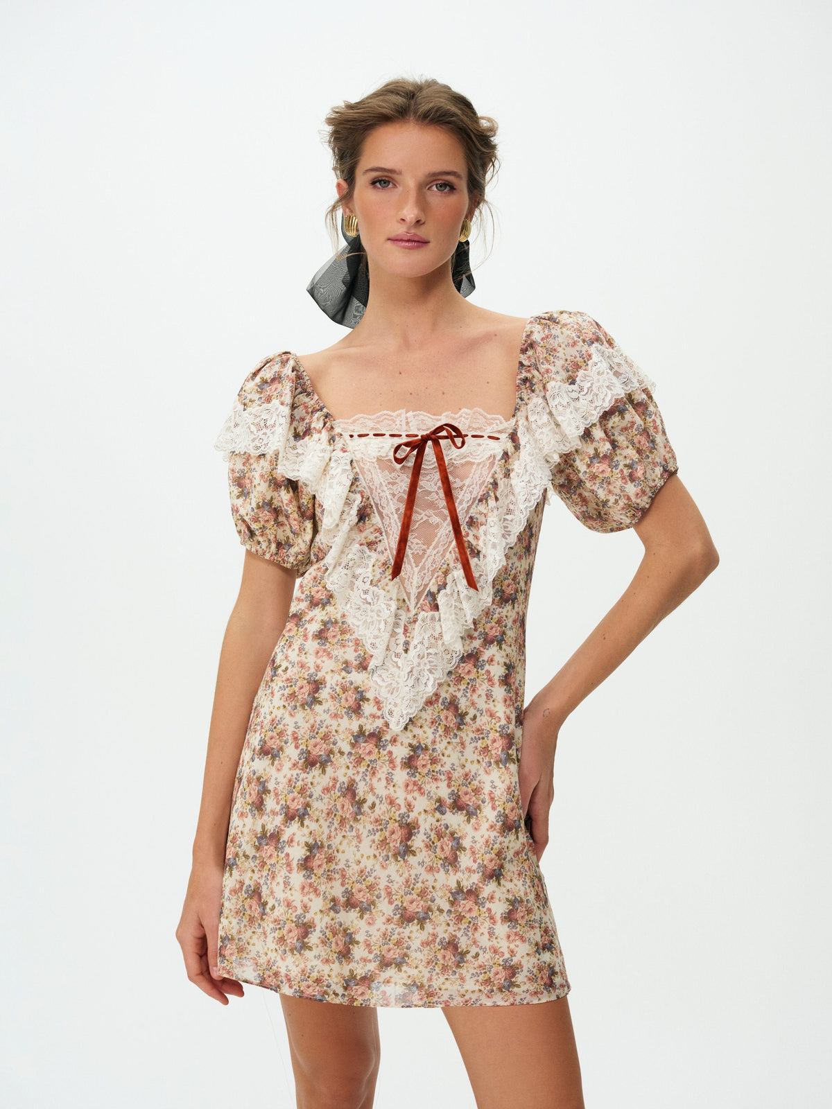 Betsy Floral Mini Dress - Cream Brown