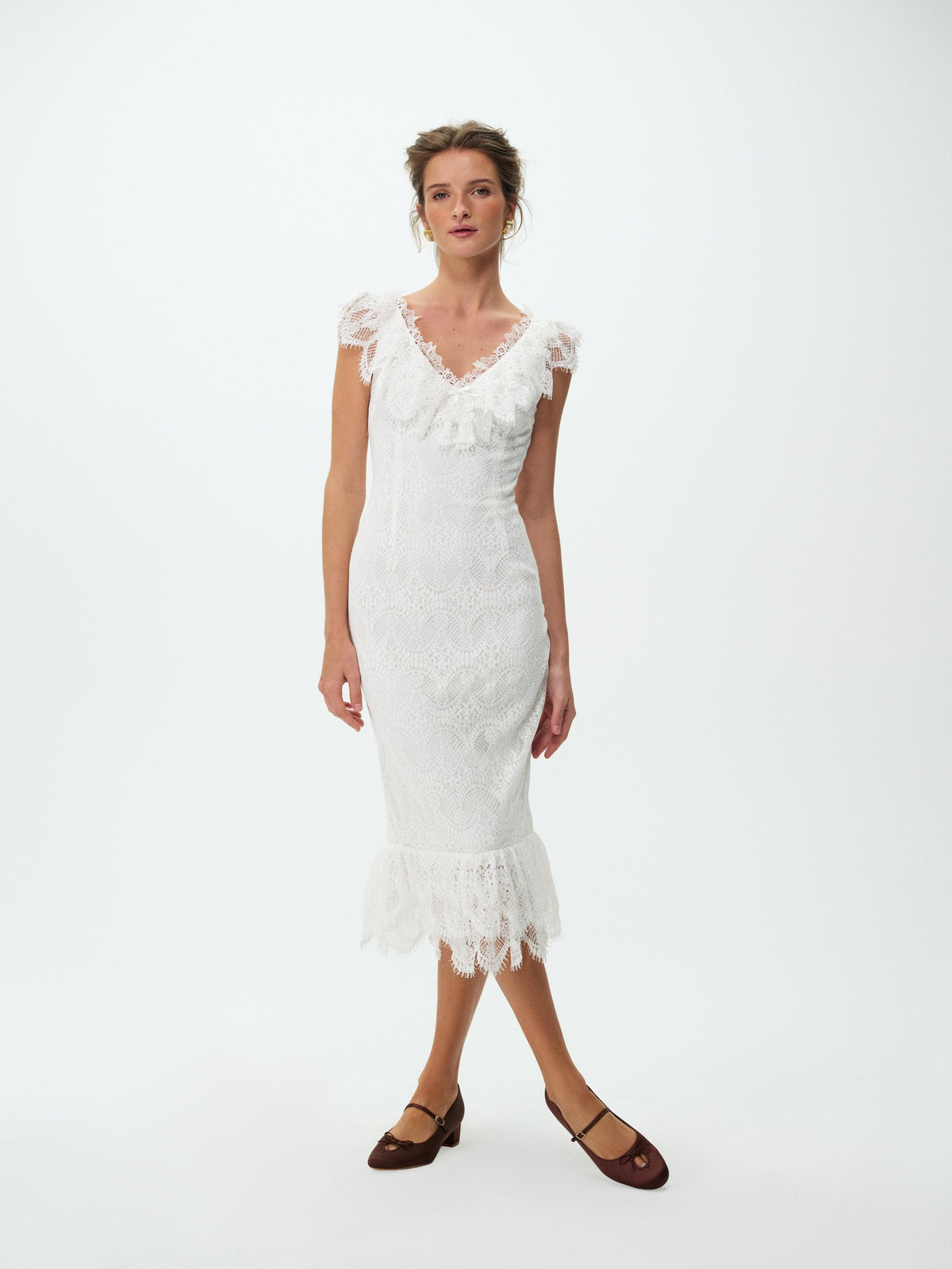 Victorian Cascade Lace Midi Dress - Ivory