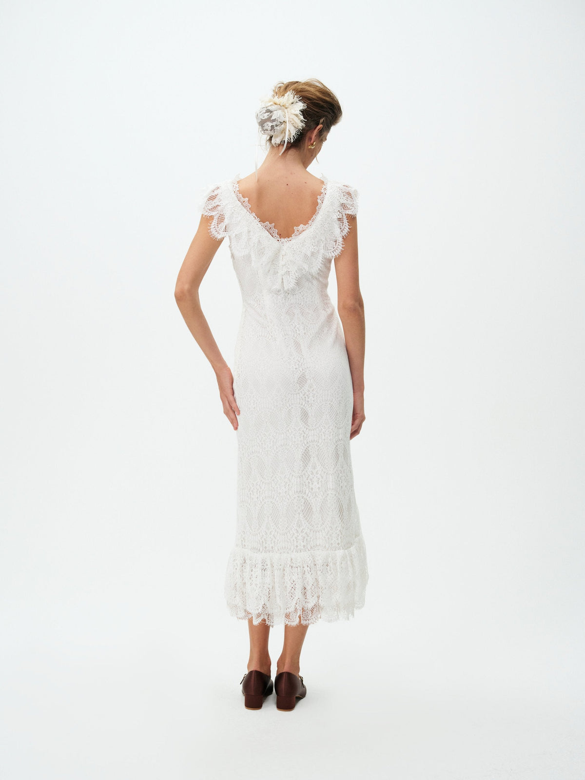 Victorian Cascade Lace Midi Dress - Ivory