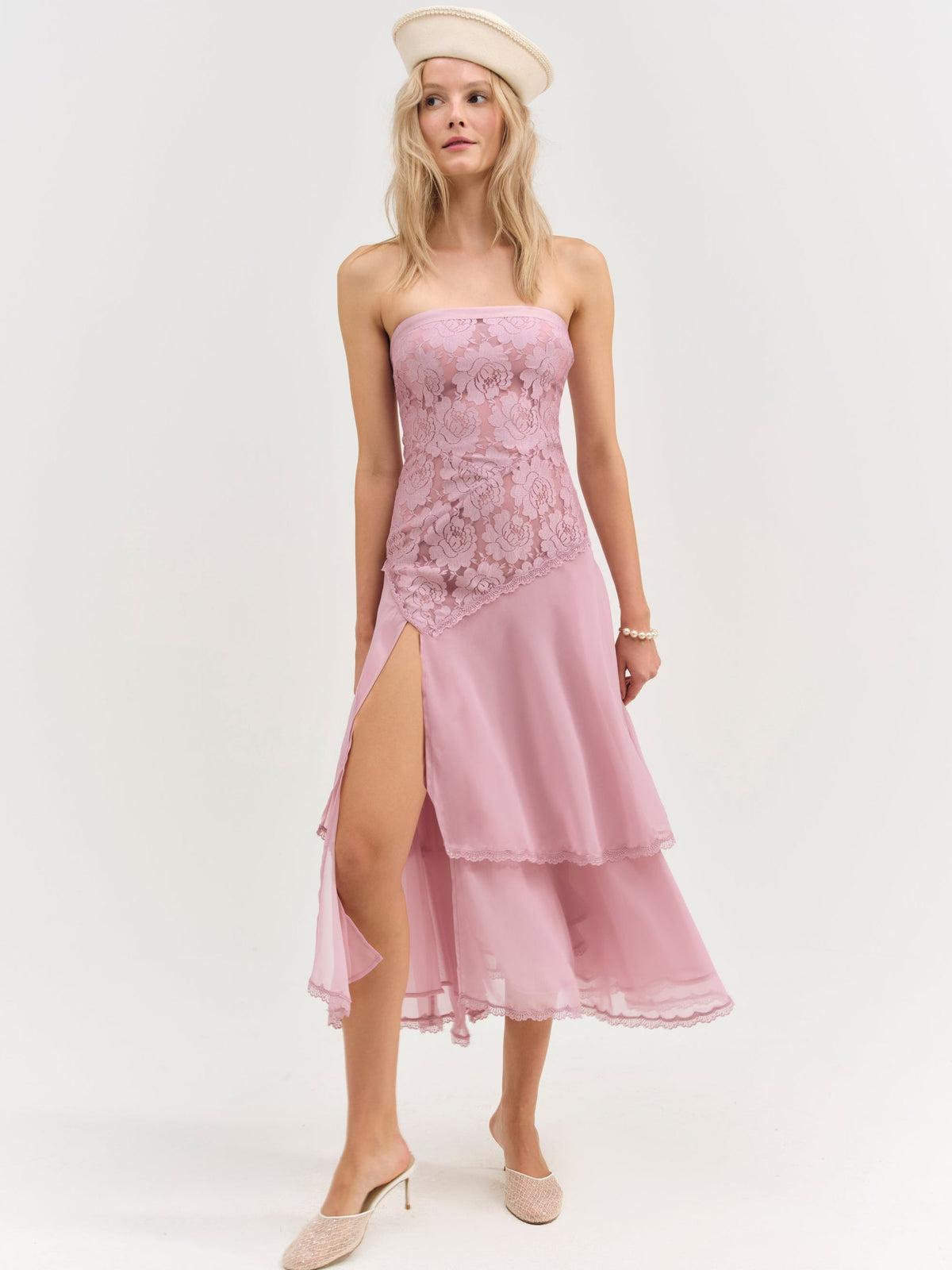Claudia Rose Lace Strapless Midi Dress - Mulberry