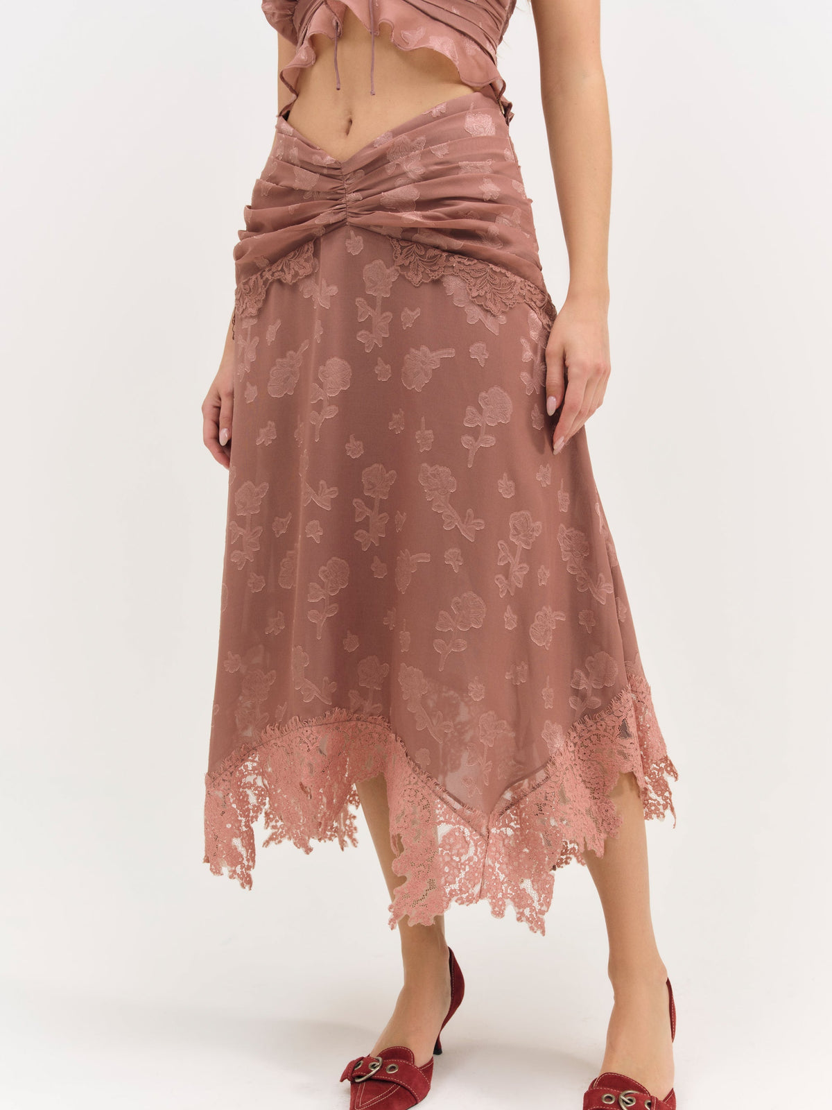 Colette Satin Burnout Midi Skirt - Mahogany