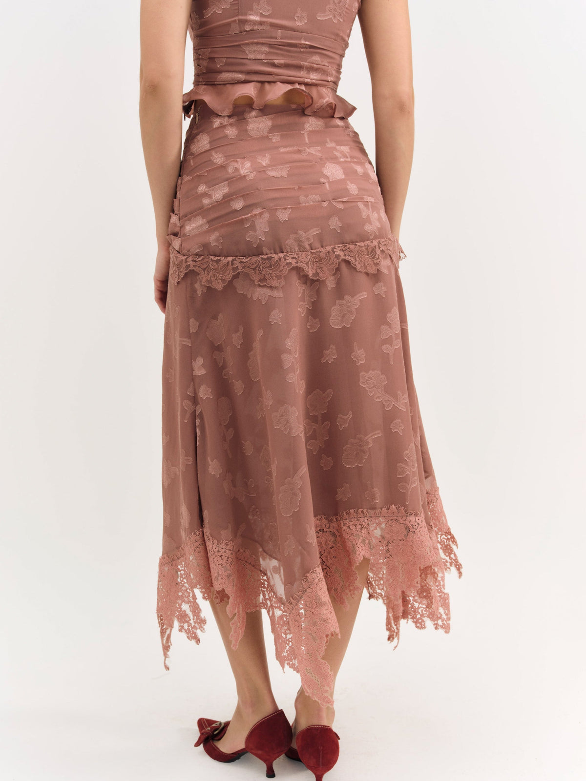 Colette Satin Burnout Midi Skirt - Mahogany