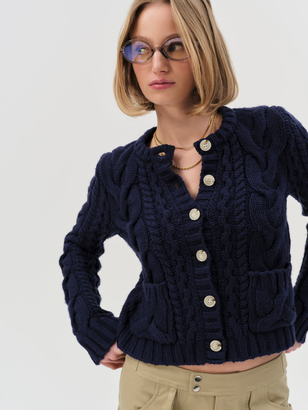 Emily Cable Knit Cardigan - Navy