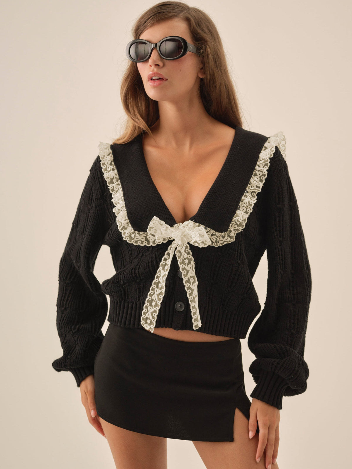 Frenchy Pointelle Knit Cardigan - Black