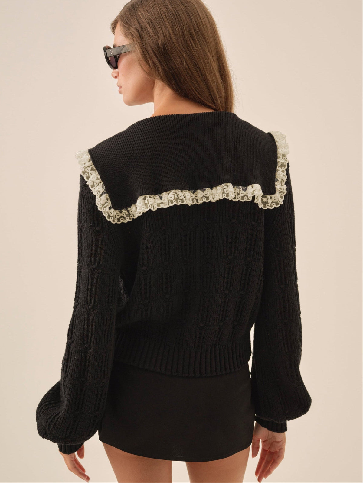 Frenchy Pointelle Knit Cardigan - Black