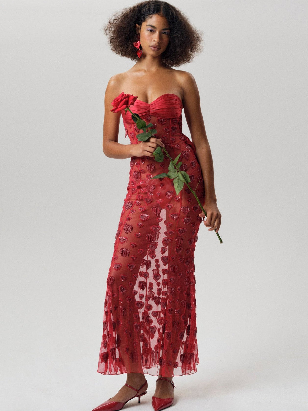 Fringe Hearts Maxi Dress - Red