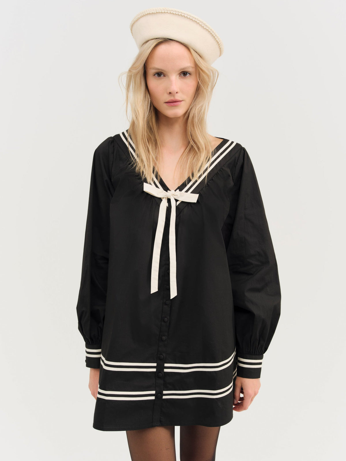 Helena Poplin Long Sleeve Mini Dress - Black