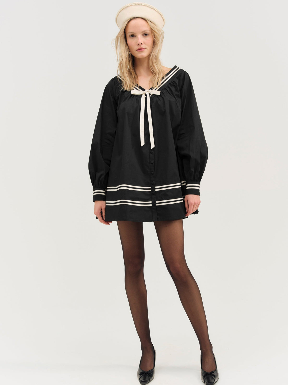 Helena Poplin Long Sleeve Mini Dress - Black