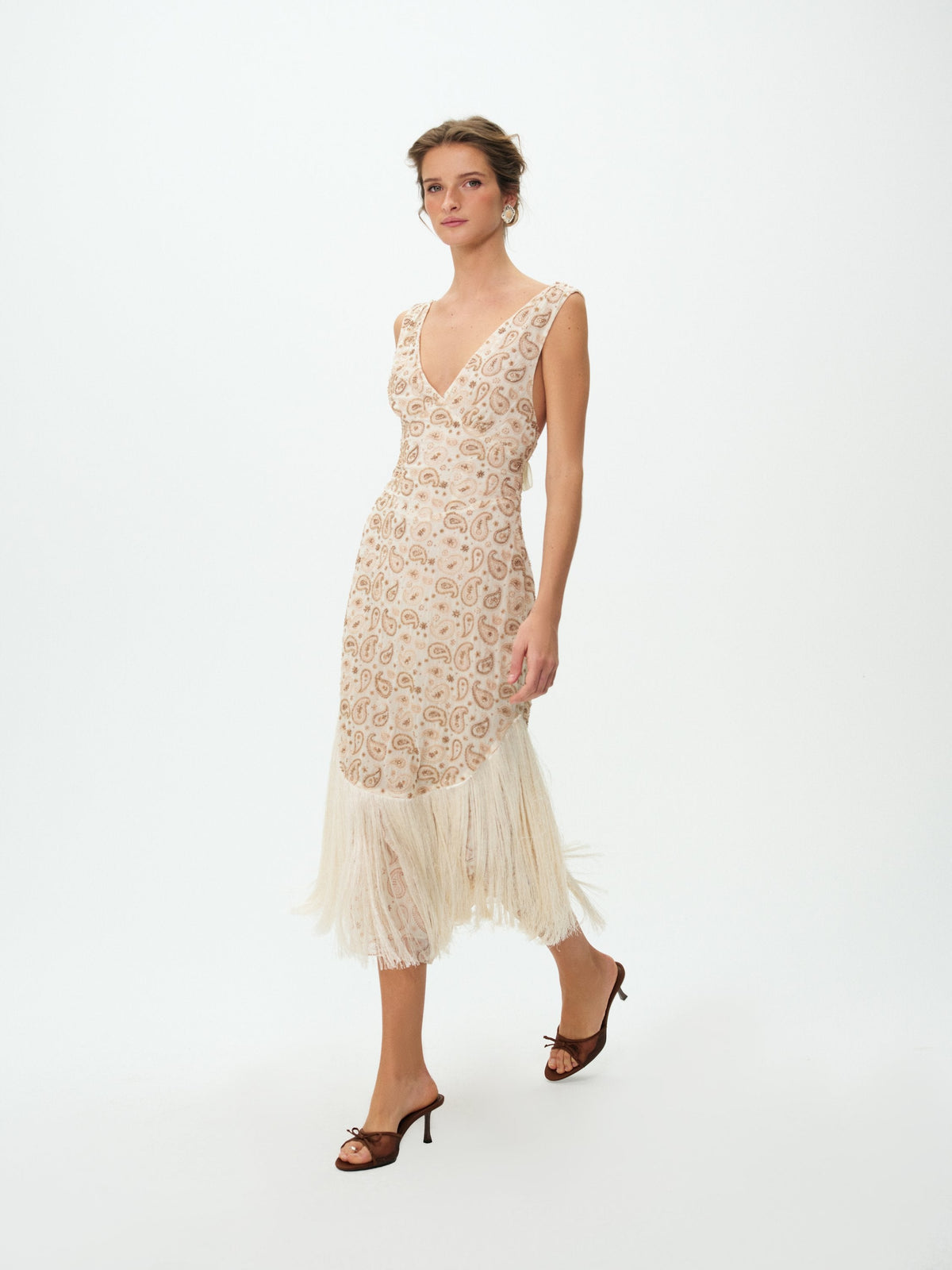 Paisley Floral Beaded Midi Dress - Cream