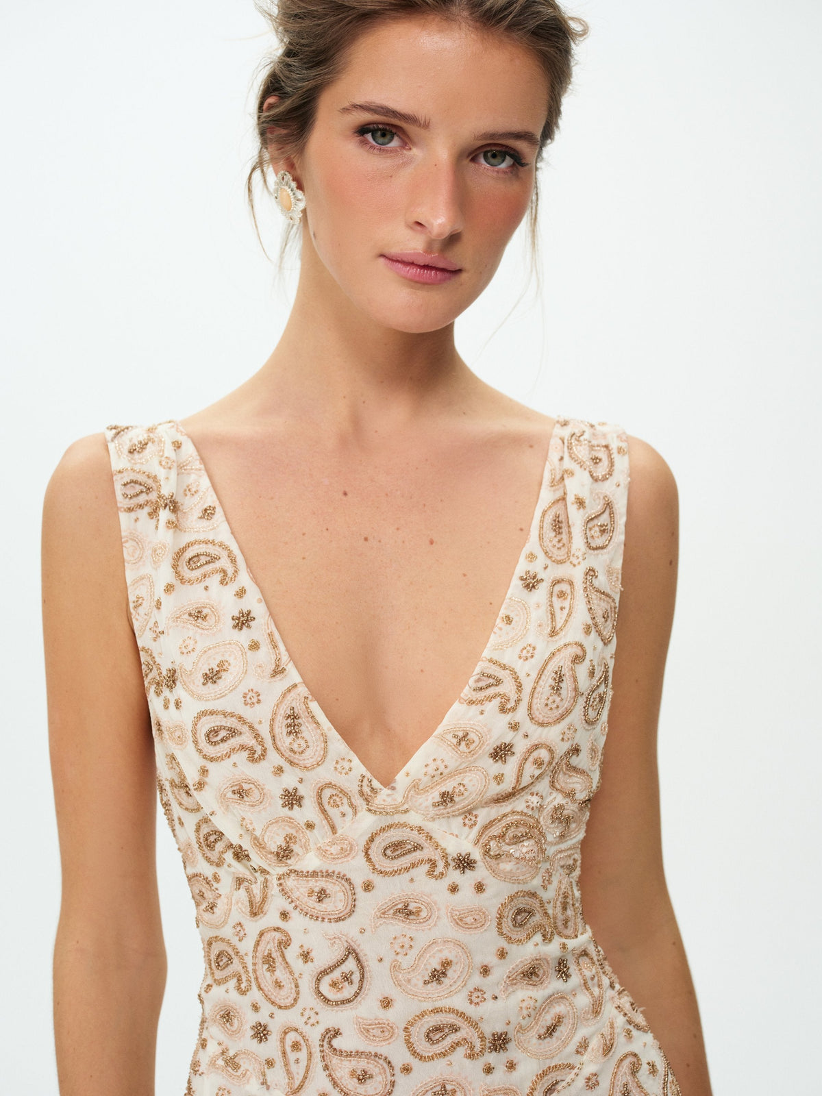 Paisley Floral Beaded Midi Dress - Cream