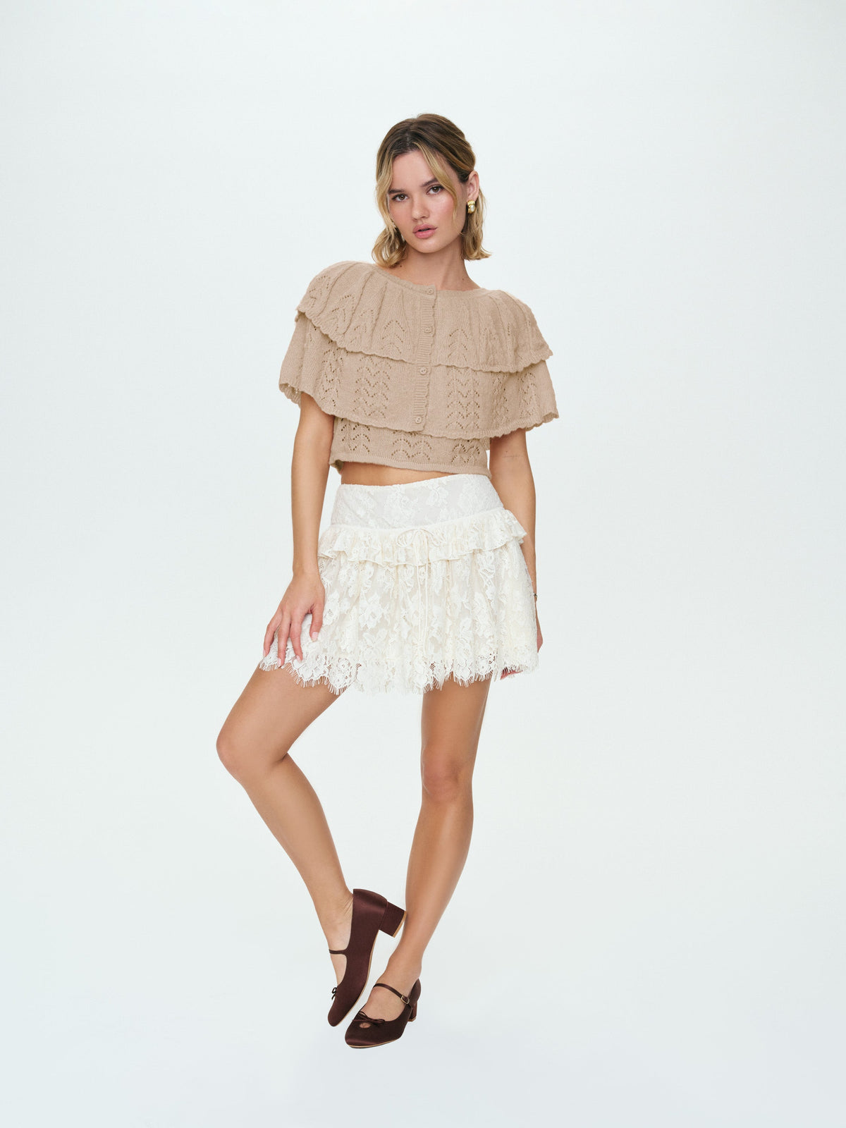 Evelyn Crochet Tank and Ruffle Cape - Taupe