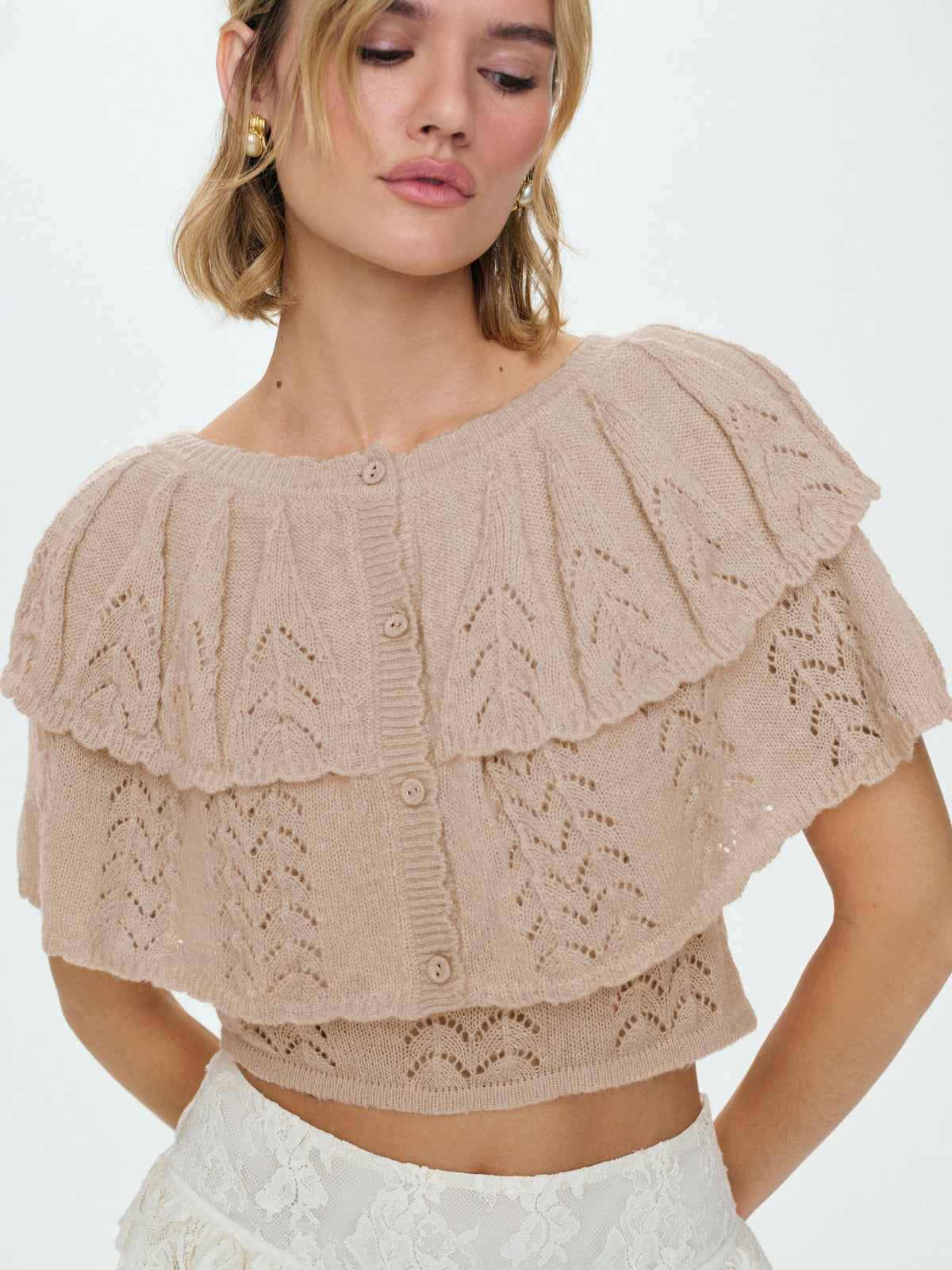 Evelyn Crochet Tank and Ruffle Cape - Taupe