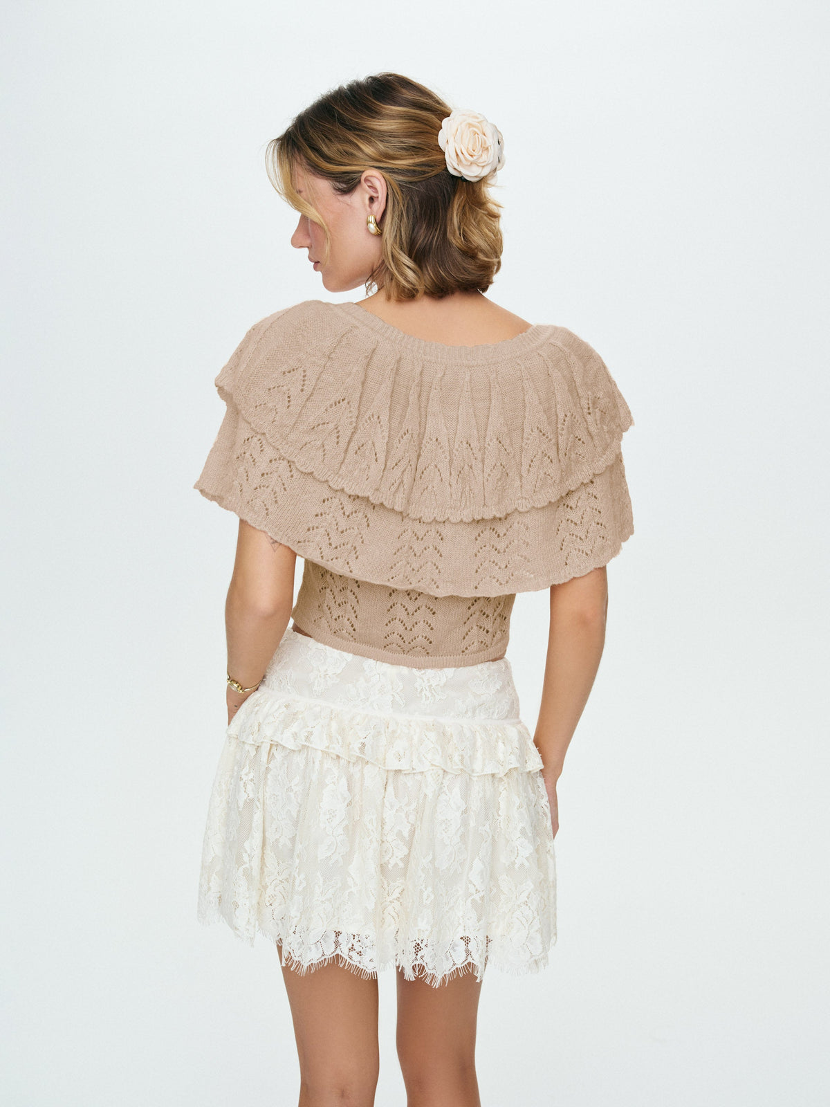Evelyn Crochet Tank and Ruffle Cape - Taupe