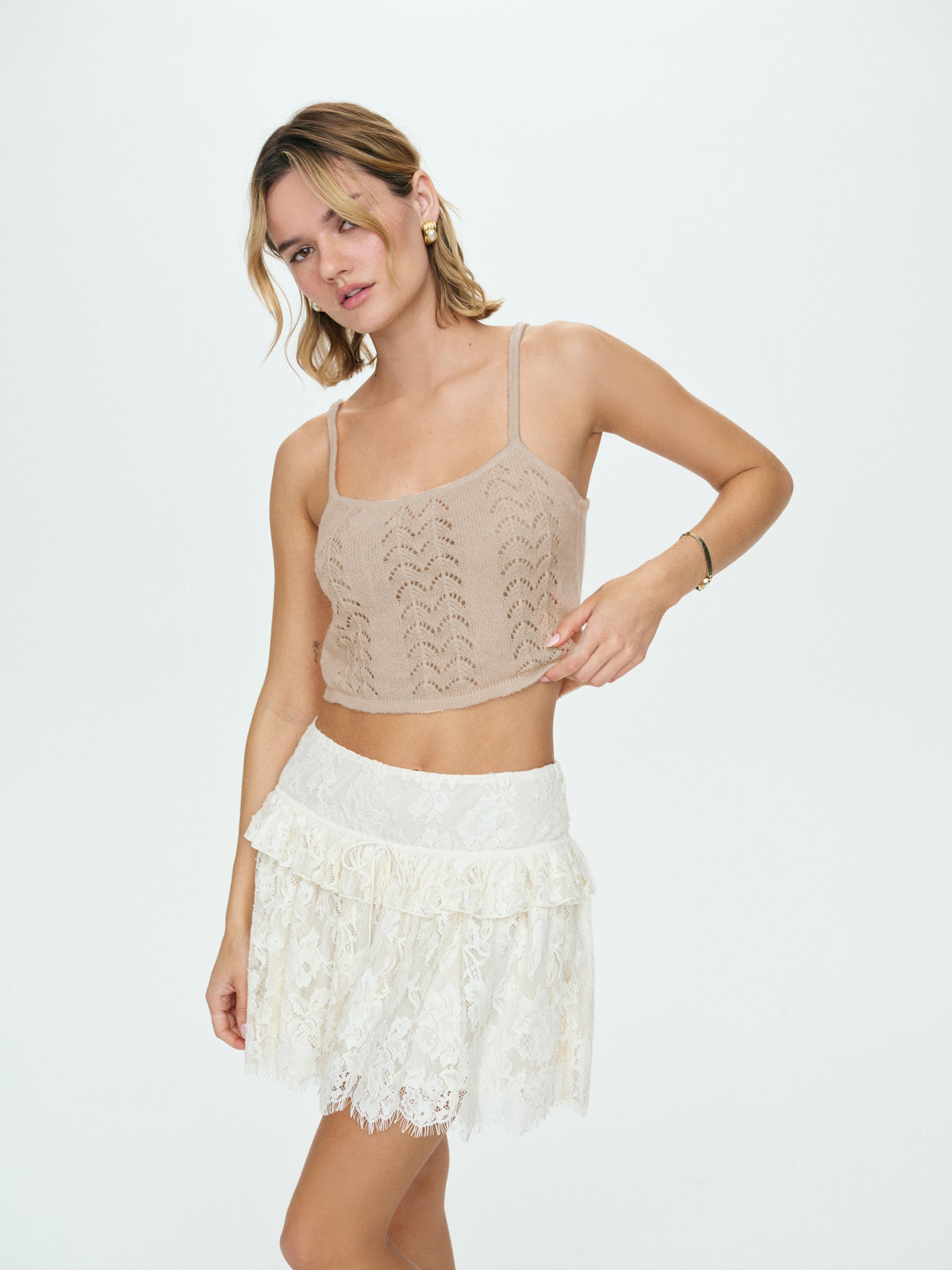 Evelyn Crochet Tank and Ruffle Cape - Taupe