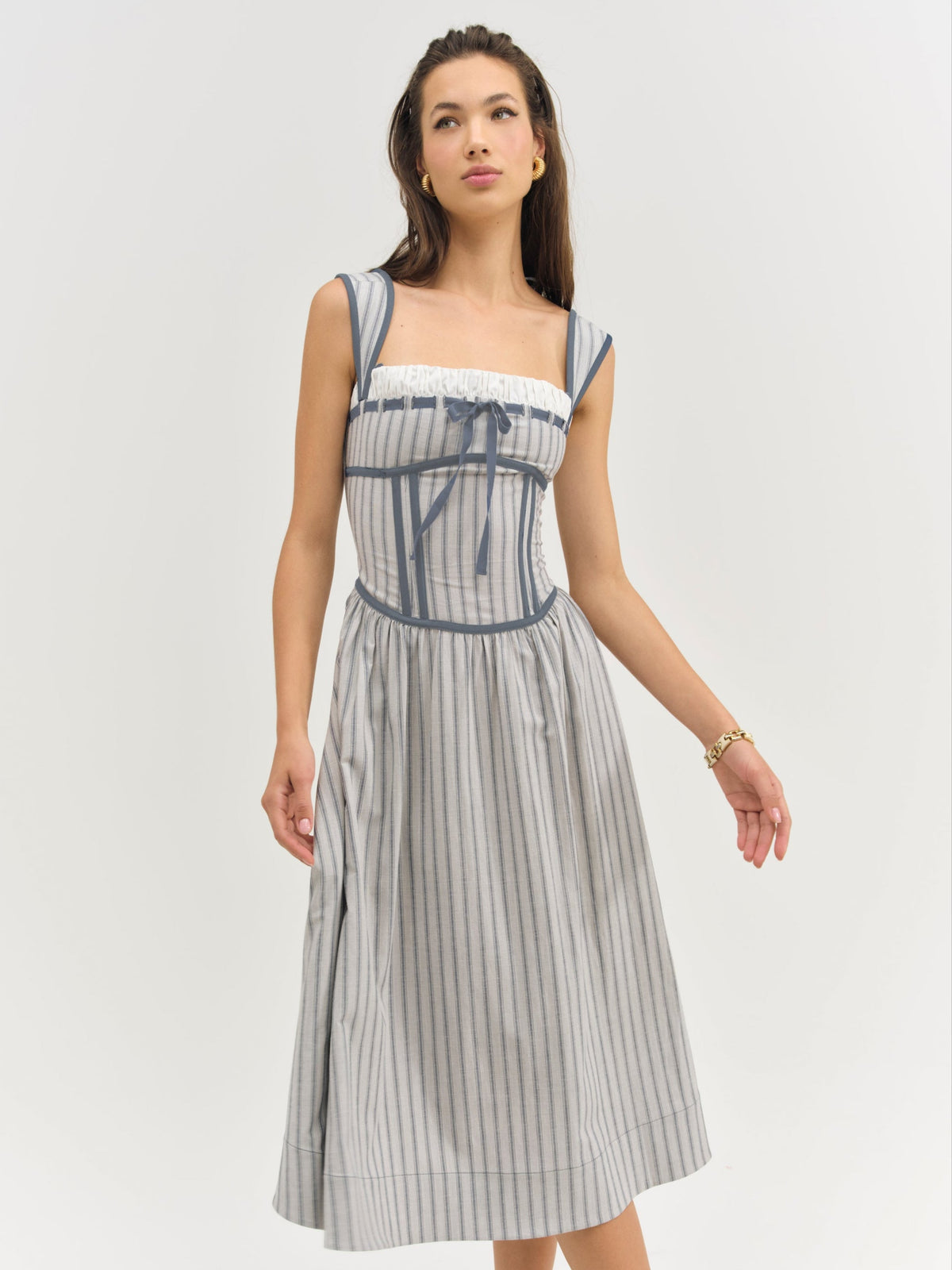 Linen Stripe Midi Dress - Blue