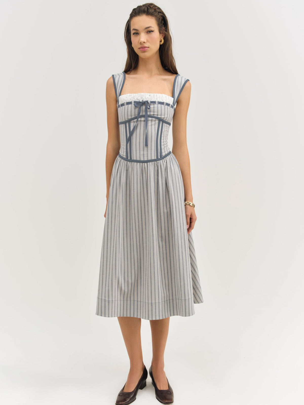 Linen Stripe Midi Dress - Blue