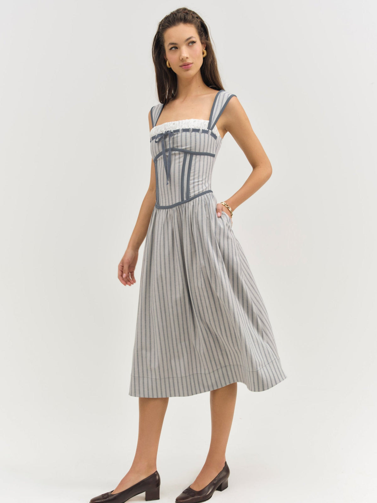 Linen Stripe Midi Dress - Blue