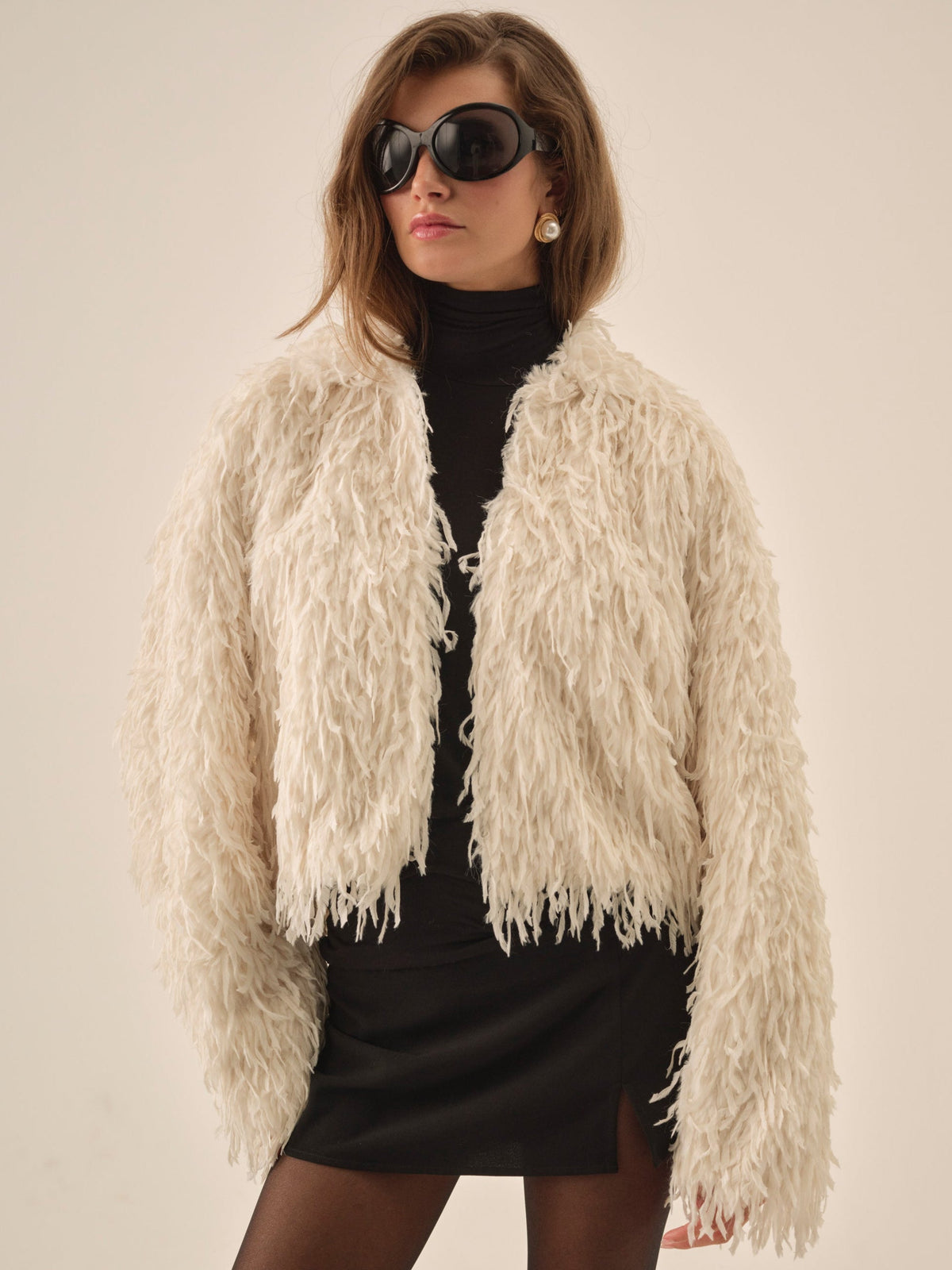 Ruffle Faux Feather Jacket - Cream