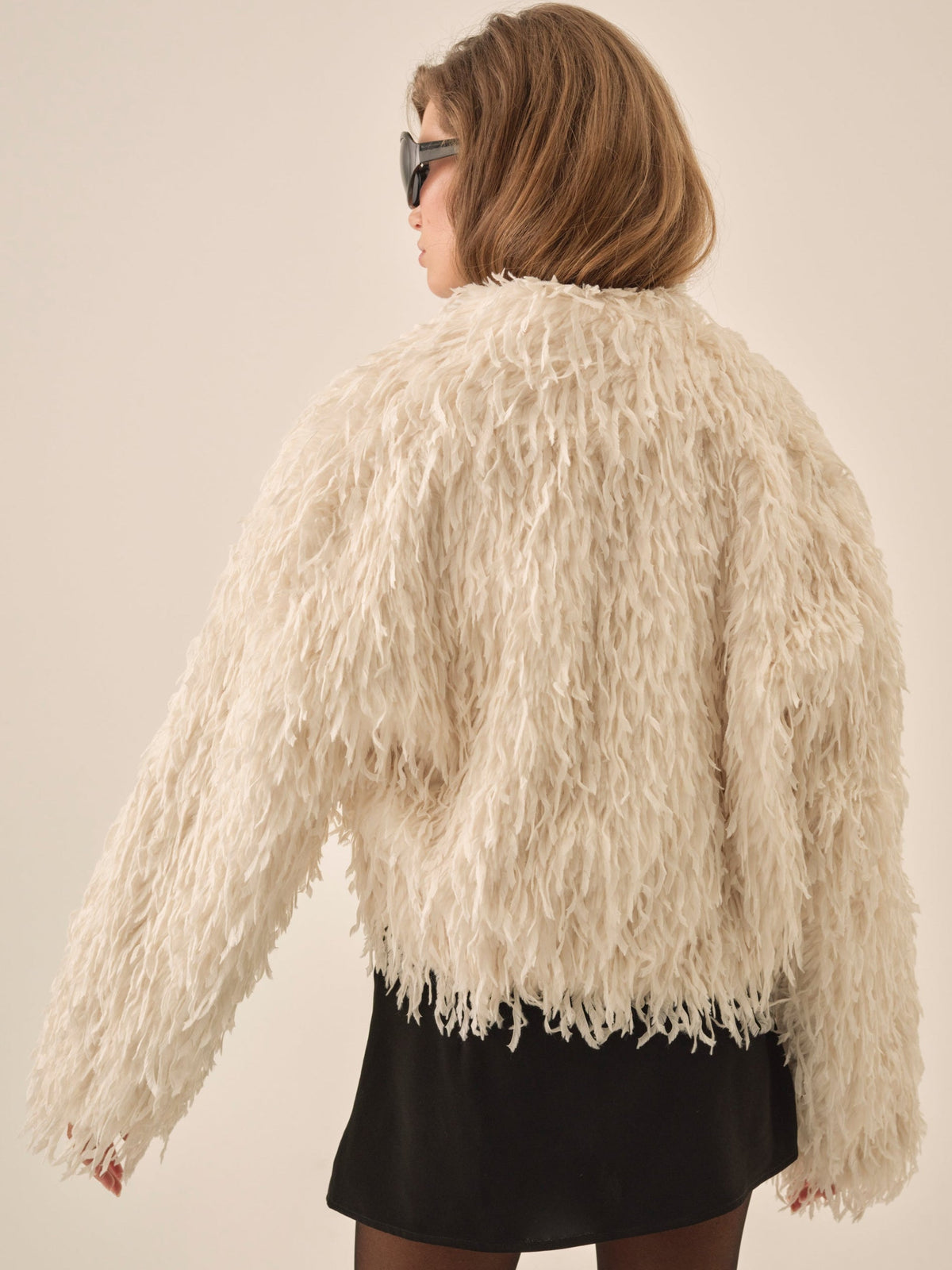 Ruffle Faux Feather Jacket - Cream