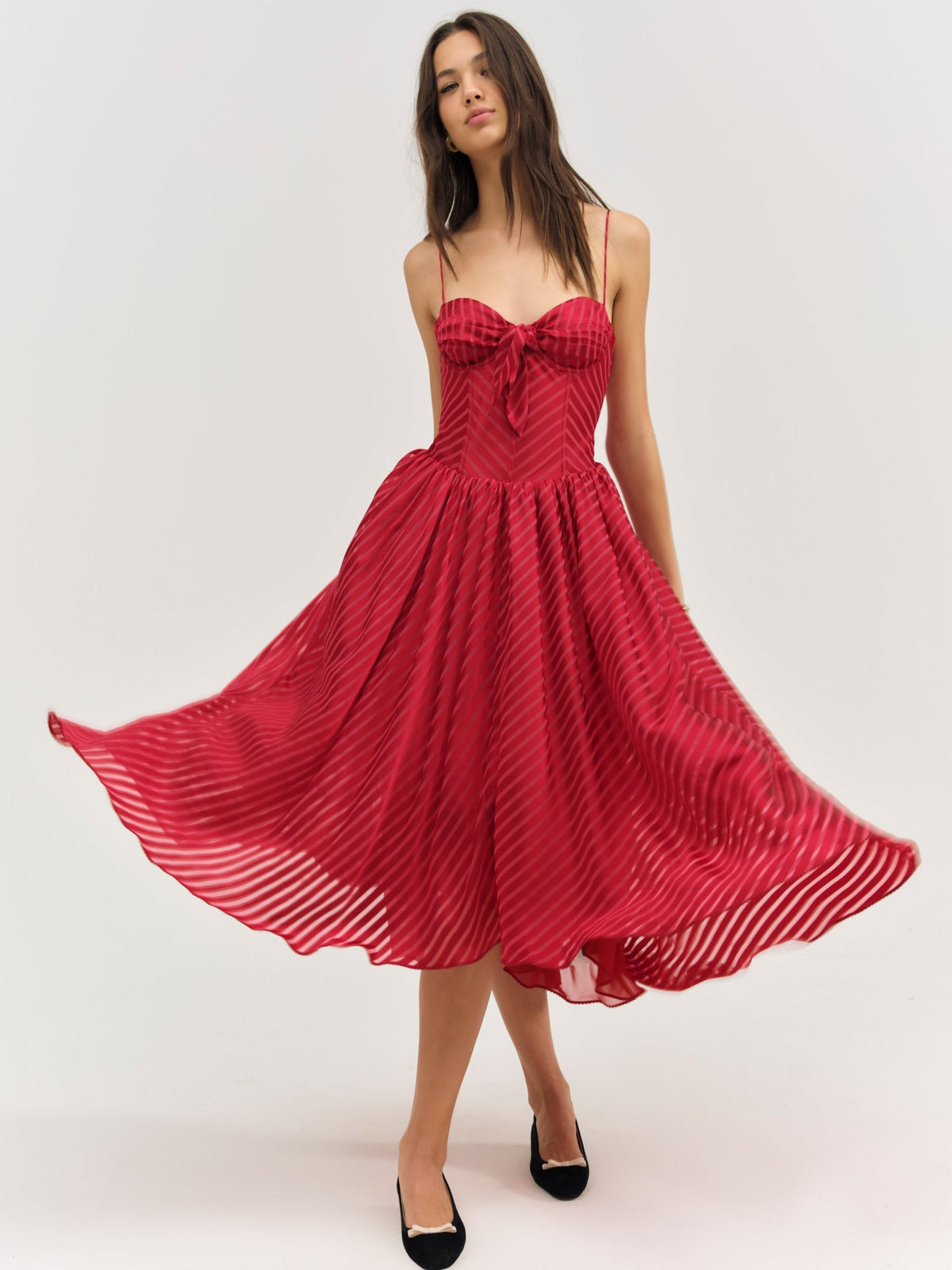 Satin Burnout Stripe Midi Dress - Red