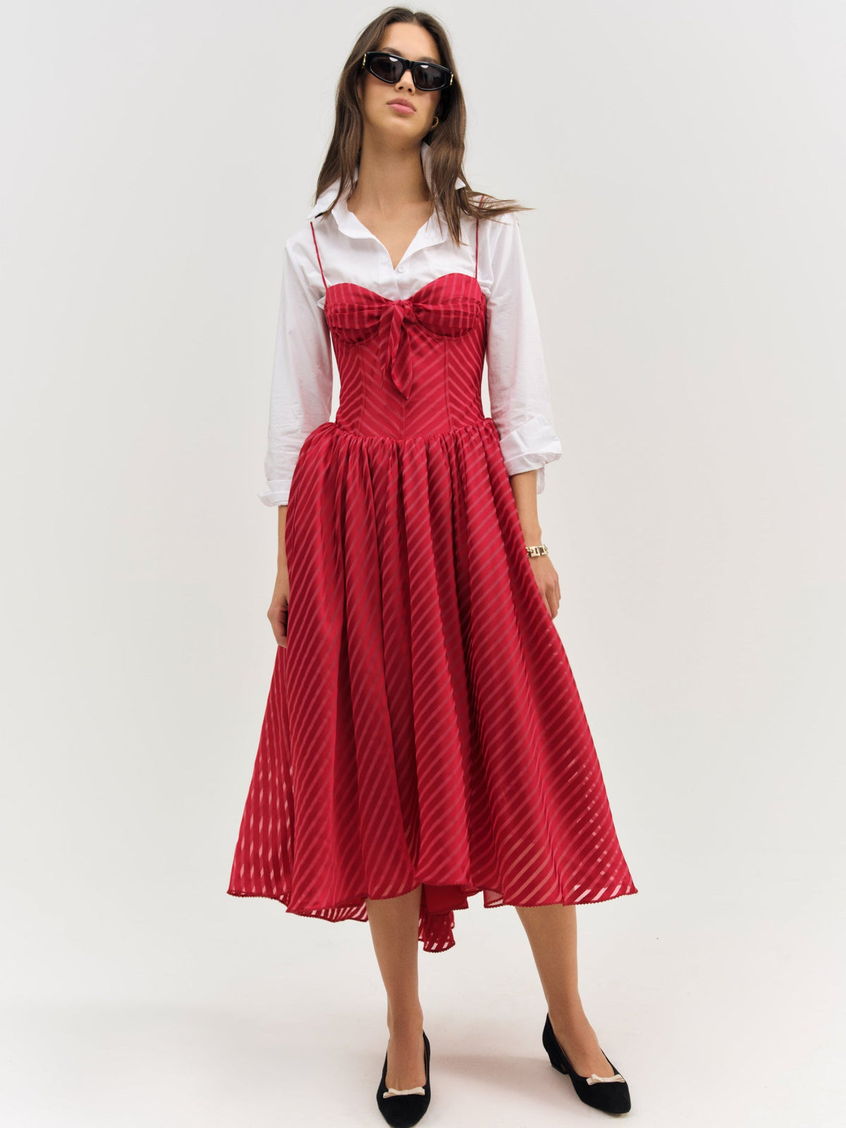 Satin Burnout Stripe Midi Dress - Red