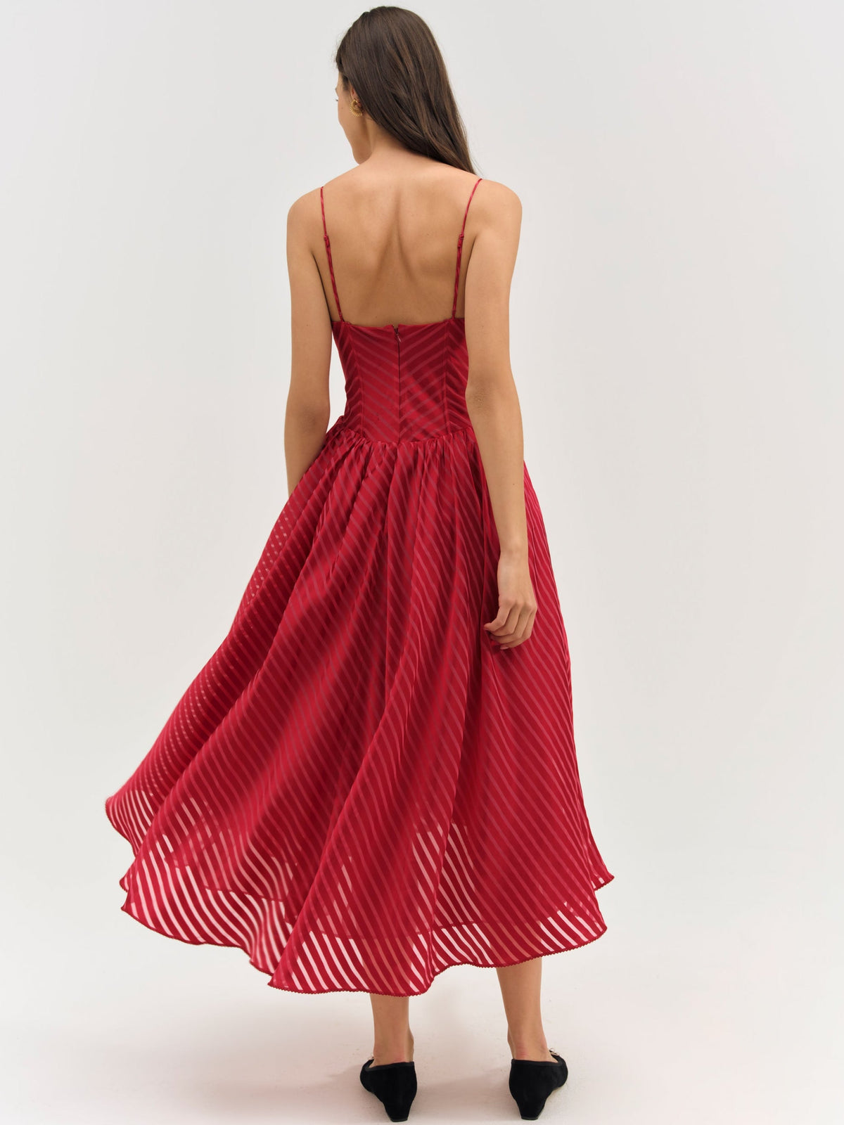 Satin Burnout Stripe Midi Dress - Red
