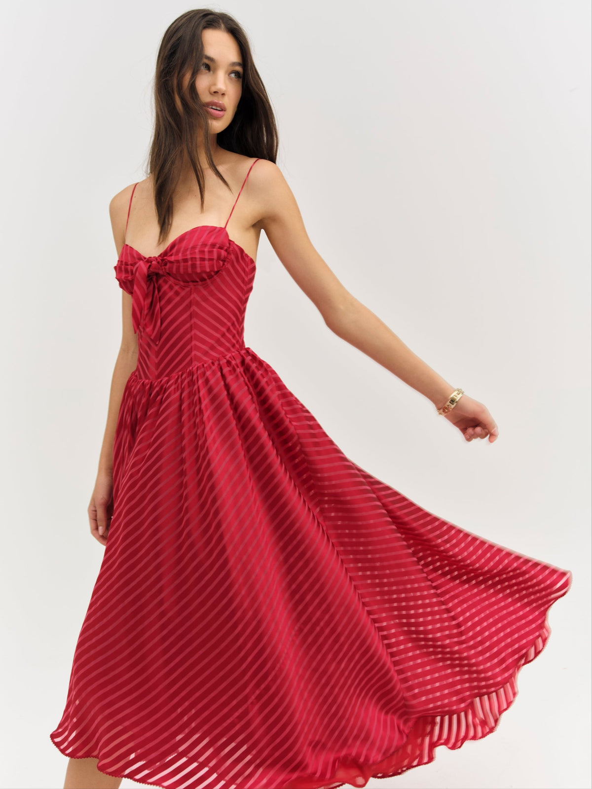 Satin Burnout Stripe Midi Dress - Red