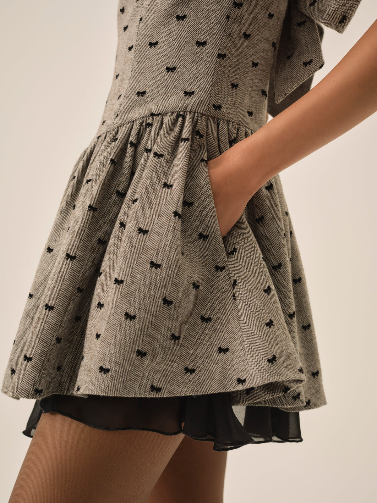 Twill Bow Mini Dress - Grey