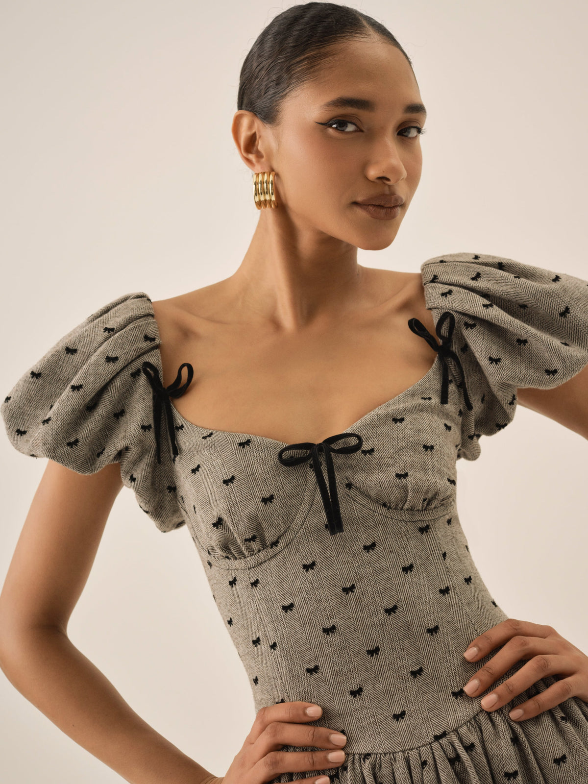 Twill Bow Mini Dress - Grey